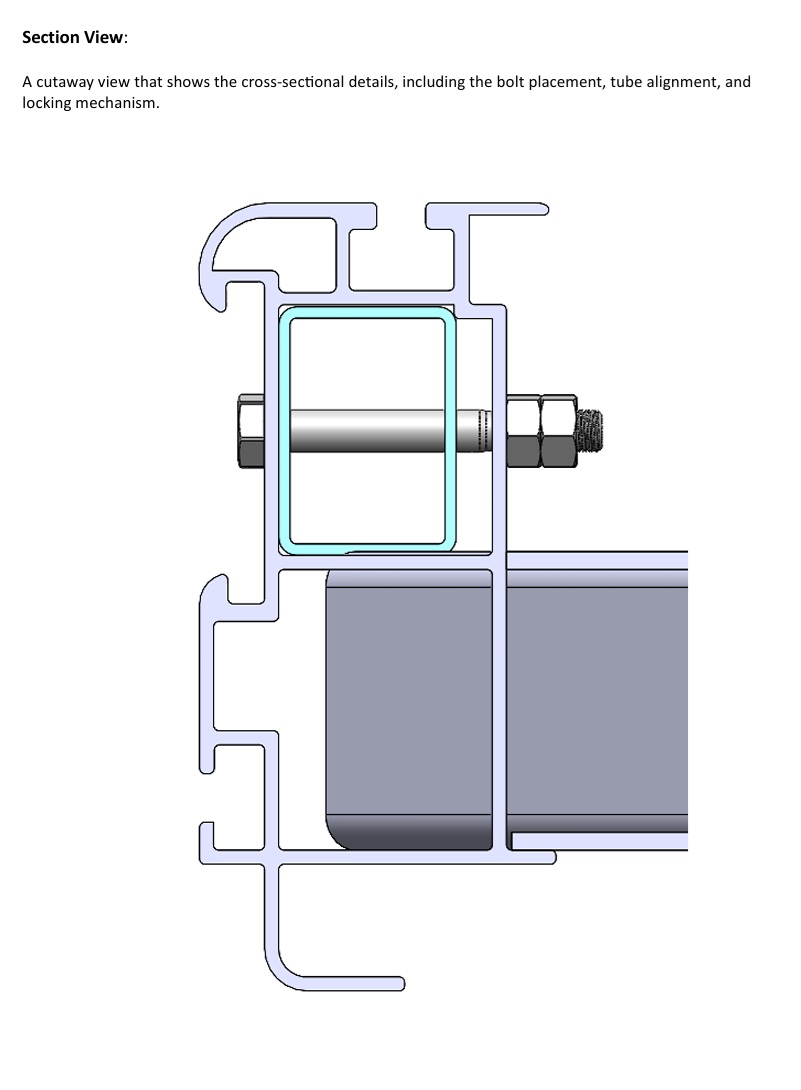 Cross-section of ExpressDocks double truss rail showing joining bar, bolt alignment and locking mechanism