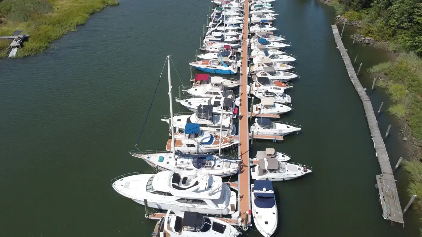 Aerial view of commercial marina dock installation
