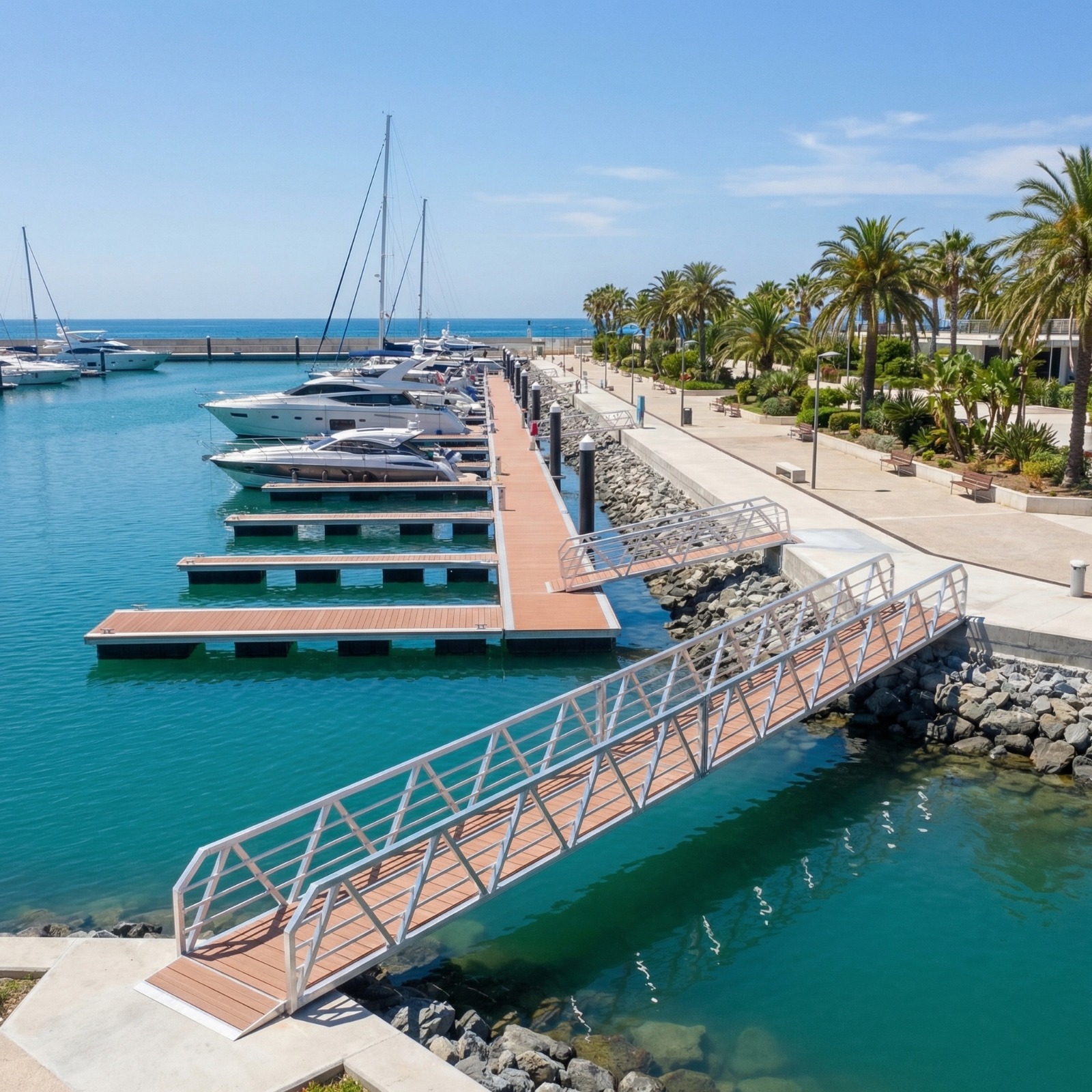 Luxury marina gangway with finger docks