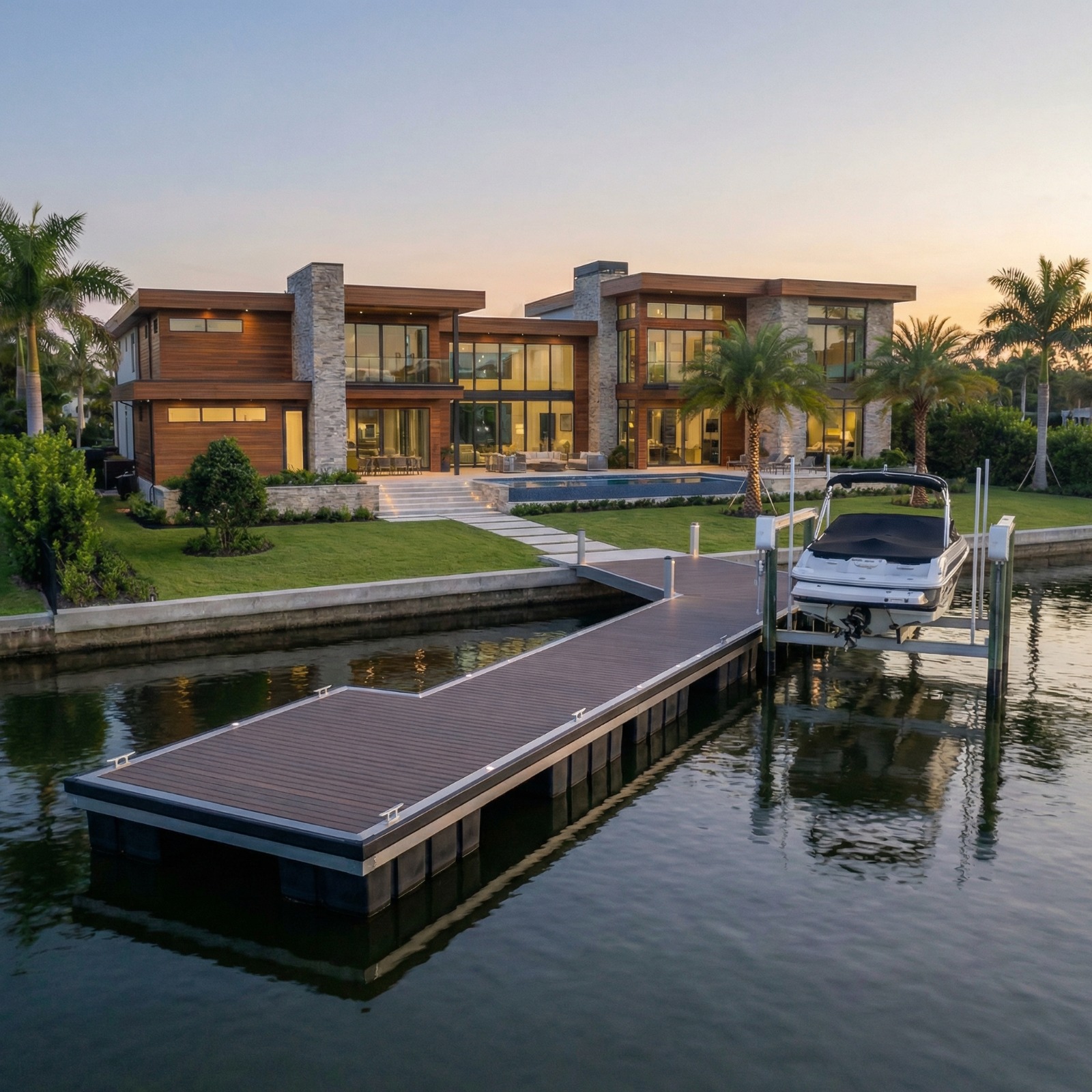 Residential floating dock with WPC decking — modern waterfront home