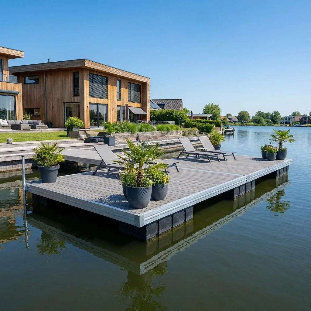 Custom aluminum floating dock on a private lake — ExpressDocks residential dock system