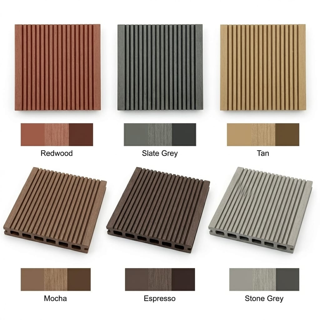 WPC composite decking color options — Redwood, Slate Grey, Tan, Mocha, Espresso, Stone Grey