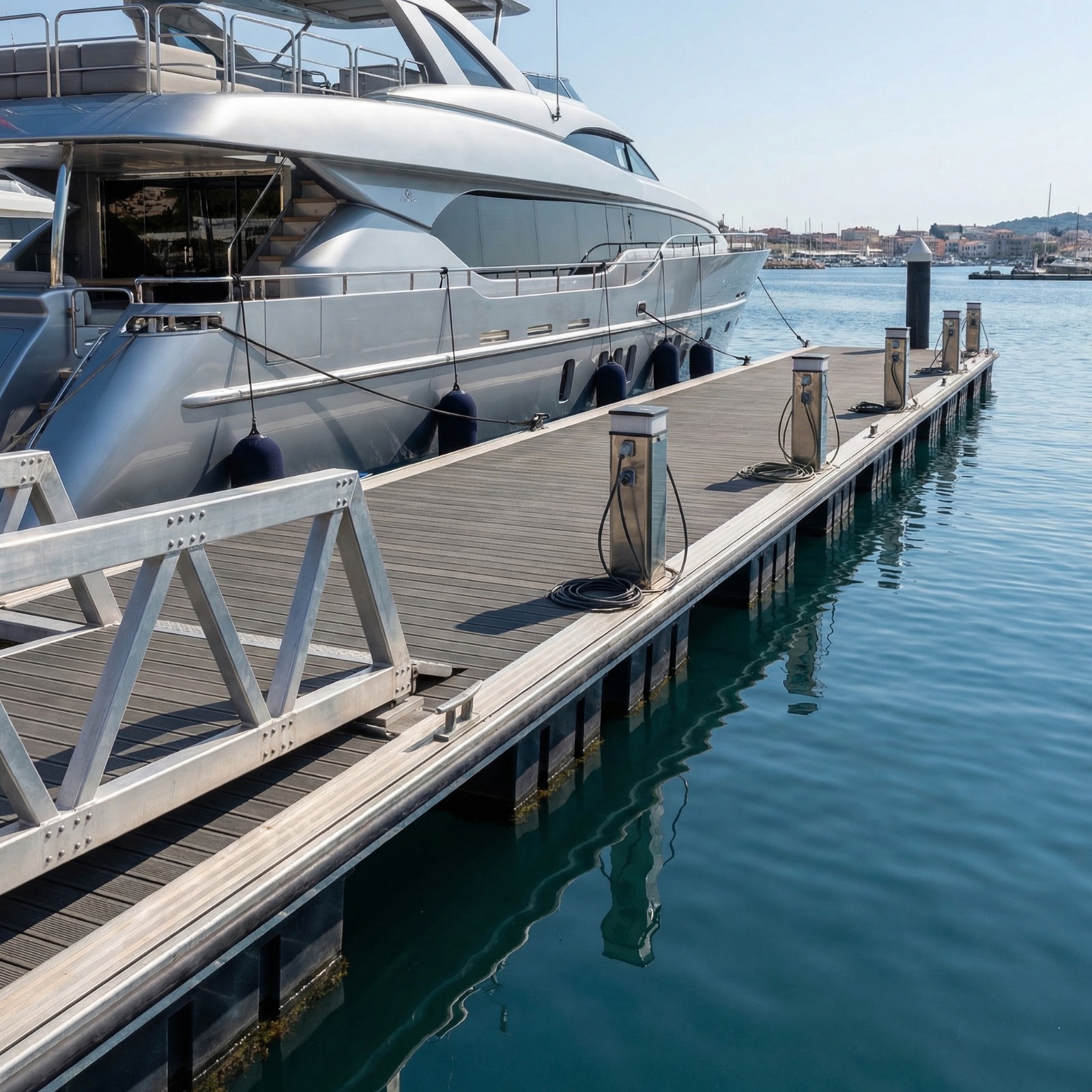 Commercial floating dock with superyacht berth